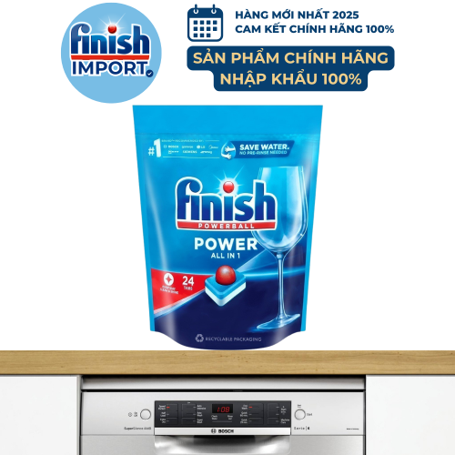 Túi 24 viên Finish All in 1 Max 2025, 10 tính năng, dành cho máy rửa chén 9-13 bộ, làm sạch hiệu quả